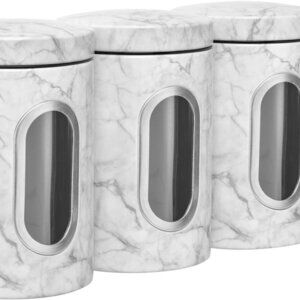 NEW- Set of 3 - Aluminum Food Storage - Large - White & Black Marble Look